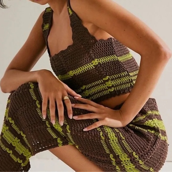 NWOT Free People Beach Donni Crochet Sweater Skirt Set Size L Color Brown/Green - Picture 10 of 16